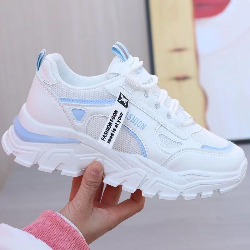 Fashion Spring Autumn Women Sneakers Breath Thick Bottom Lightweight Sports Shoes Lace-up Wedge Sneakers Women Comfortable Leisure Shoes