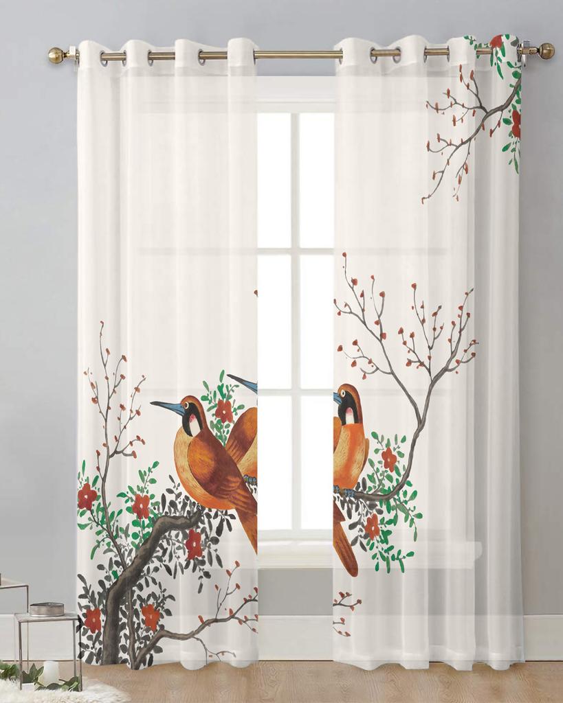 Chinese Style Plum Blossom Birds Flowers Sheer Curtains for Living Room Decoration Window Curtains Kitchen Tulle Voile Curtains
