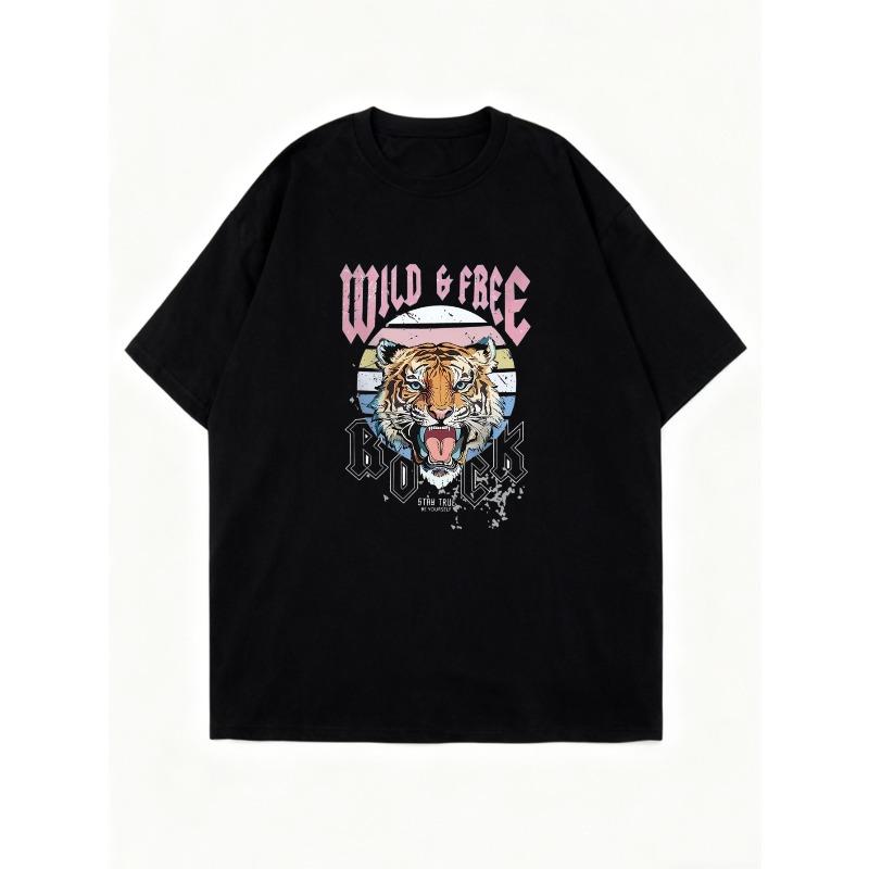Oversized T Shirt Black Tiger Print Wild And Free Rock Graphic Design Casual Streetwear For Women