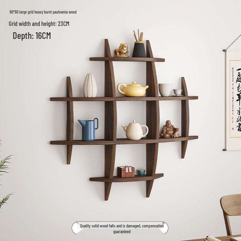 Chinese Solid Wood Wall-Mounted Teacup Rack - Antique Curio Shelf and Tea Set Display Stand