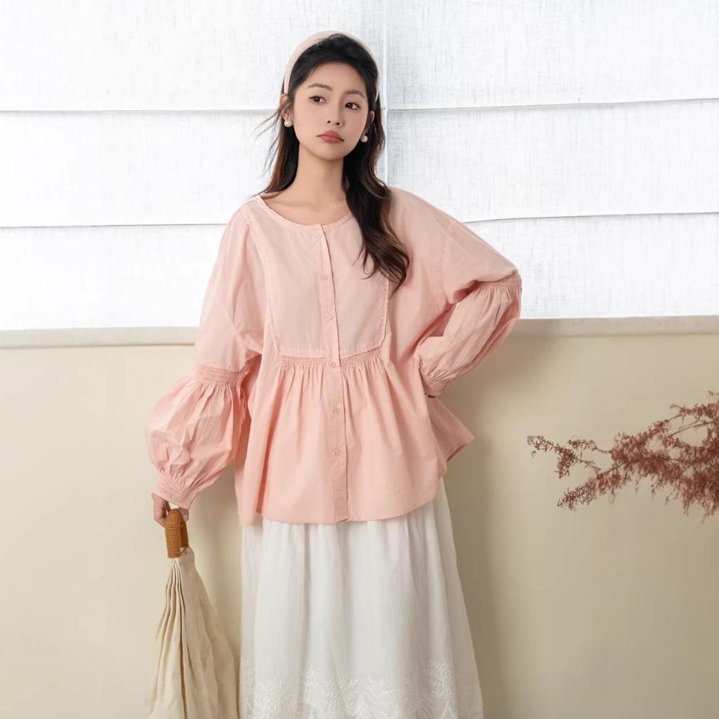 2026 Spring Women's Sweet Puff Sleeve Cardigan, Round Neck, Loose Slimming Cotton Long Sleeve Top