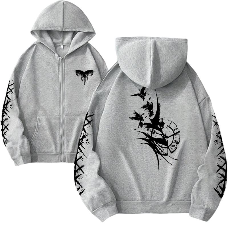 2026 Trendy Oversized Pullover Goth Y2k Winter Warm Women Hooded Sweatshirt Viking Raven Print Zipper Jacket Casual Streetwear