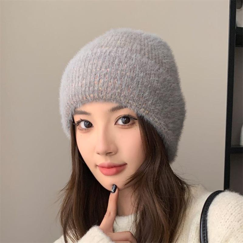 New wool hats women and women autumn and winter new imitation mink ear protector cold hat showing small face gradual change color warm knitted hat