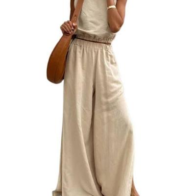 Hot Sale Cotton Linen Solid Color Set Spring Summer Casual Women's Vest Split Long Pants Two-Piece Set