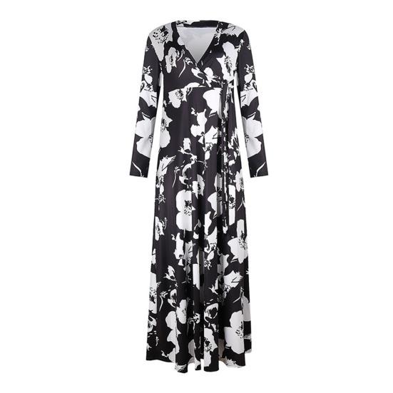 Summer Women Dress Deep V Neck Wrapped Long Sleeve Flower Print Big Hem Lace-up Tight High Waist Spring Evening Party Prom Banquet Maxi Dress