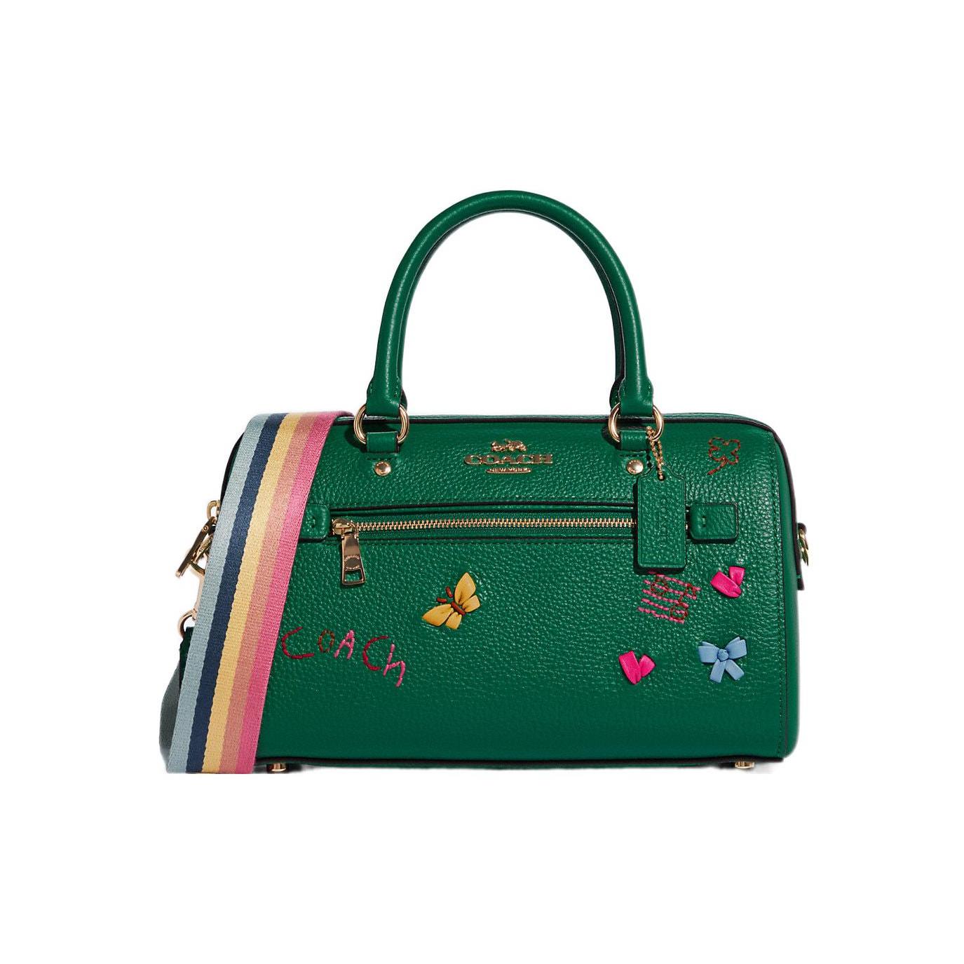 

New COACH Diary Embroidery Collaboration Rowan Leather One Shoulder Handbag, Crossbody Bag Tubas Women s Green C8280-IMGRU 26.9*14.0*16.0CM