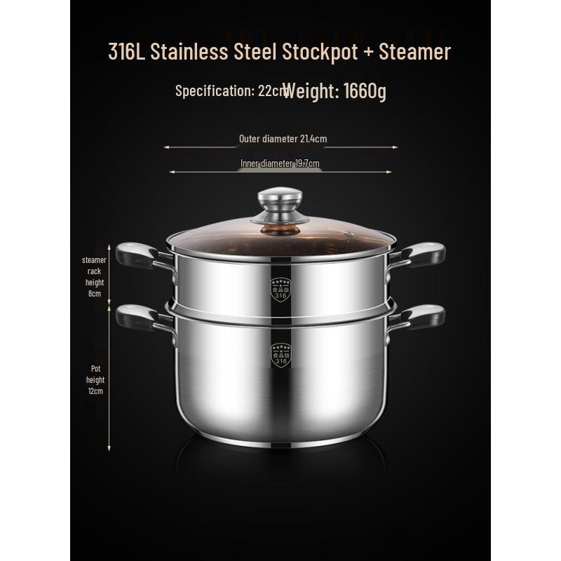 2025 Three-Layer 316 Stainless Steel Steamer & Soup Pot for Induction & Gas Stoves