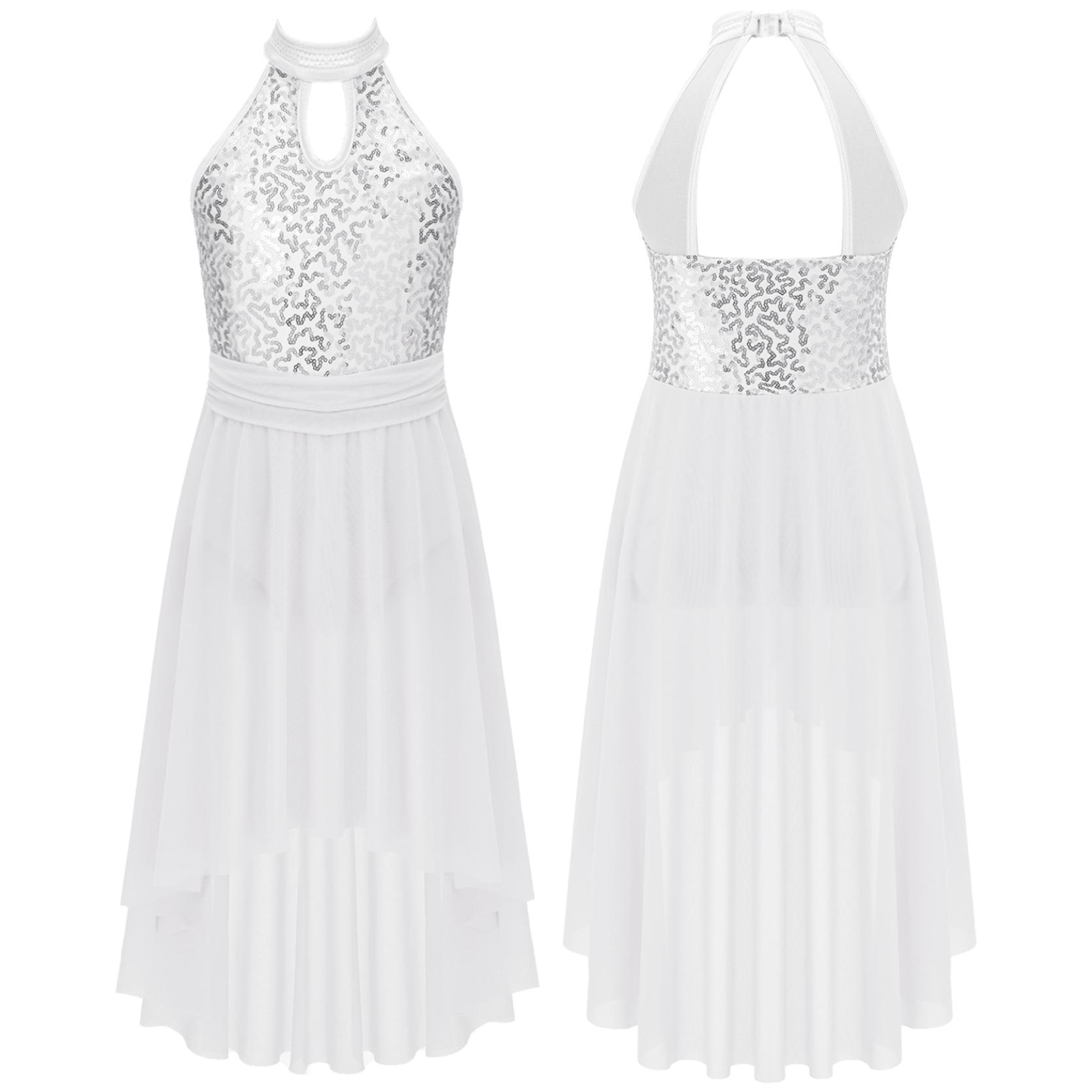 

Платье без рукавов с открытой спиной и блестками, нерегулярный подол, вуаль для детей, девочек, сценическое выступление 11-12 Years белый