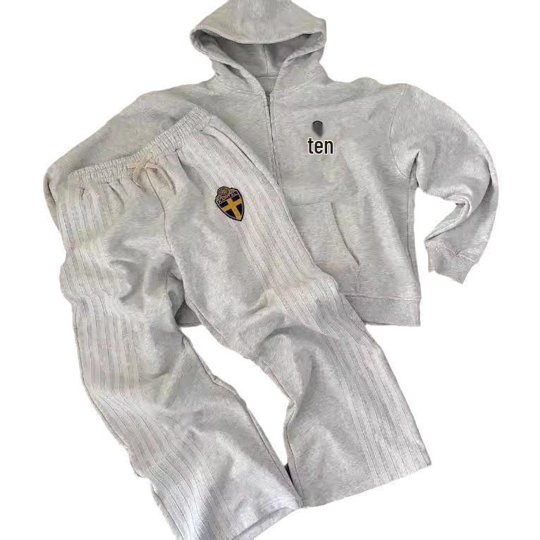 Graues besticktes Kapuzenpullover- und Jogginghosen-Set - Amerikanischer lässiger Herbst-/Winter-Trend