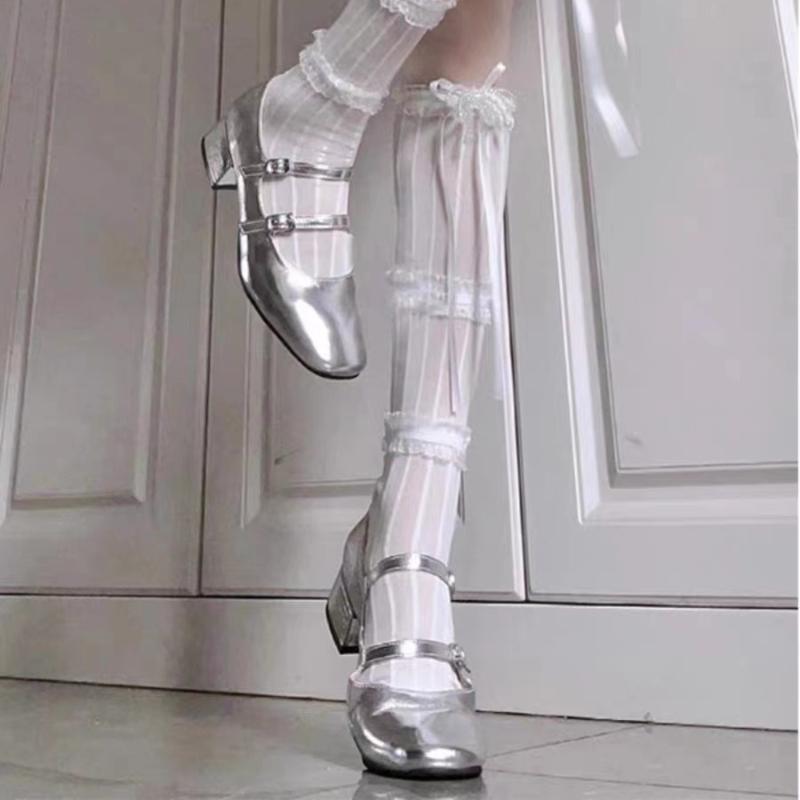 Mary Jane Schuhe High Heels Damen Kleine Größe Flachmündige Schuhe Silber 2025 Neu Dicke Absätze Lolita Schuhe Absätze