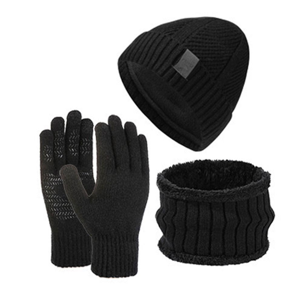 3Pcs/Set Plush Lining Knit Beanie Snood Set Warm Touchscreen Gloves for Men