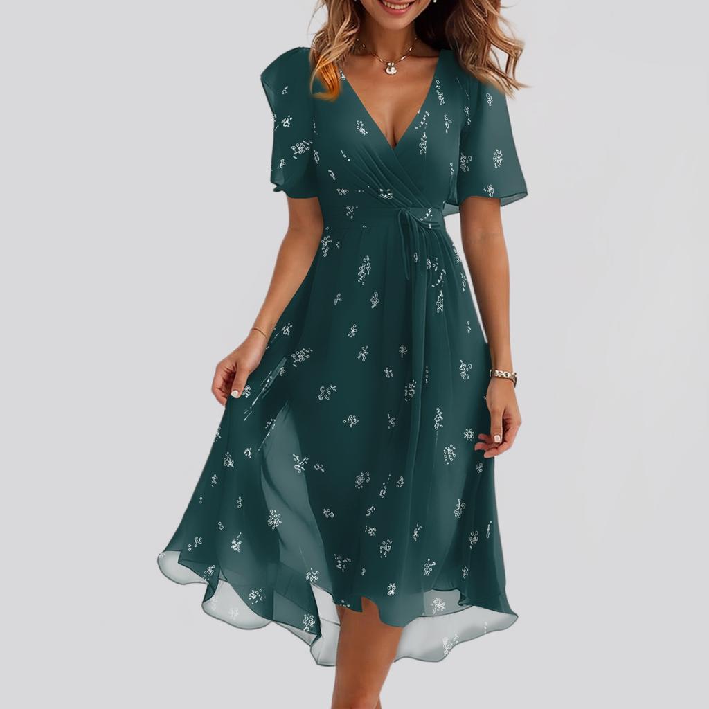 Ladies' Casual And Fashionable Solid Color V-neck Waist Cinching A-line Zipper Dress