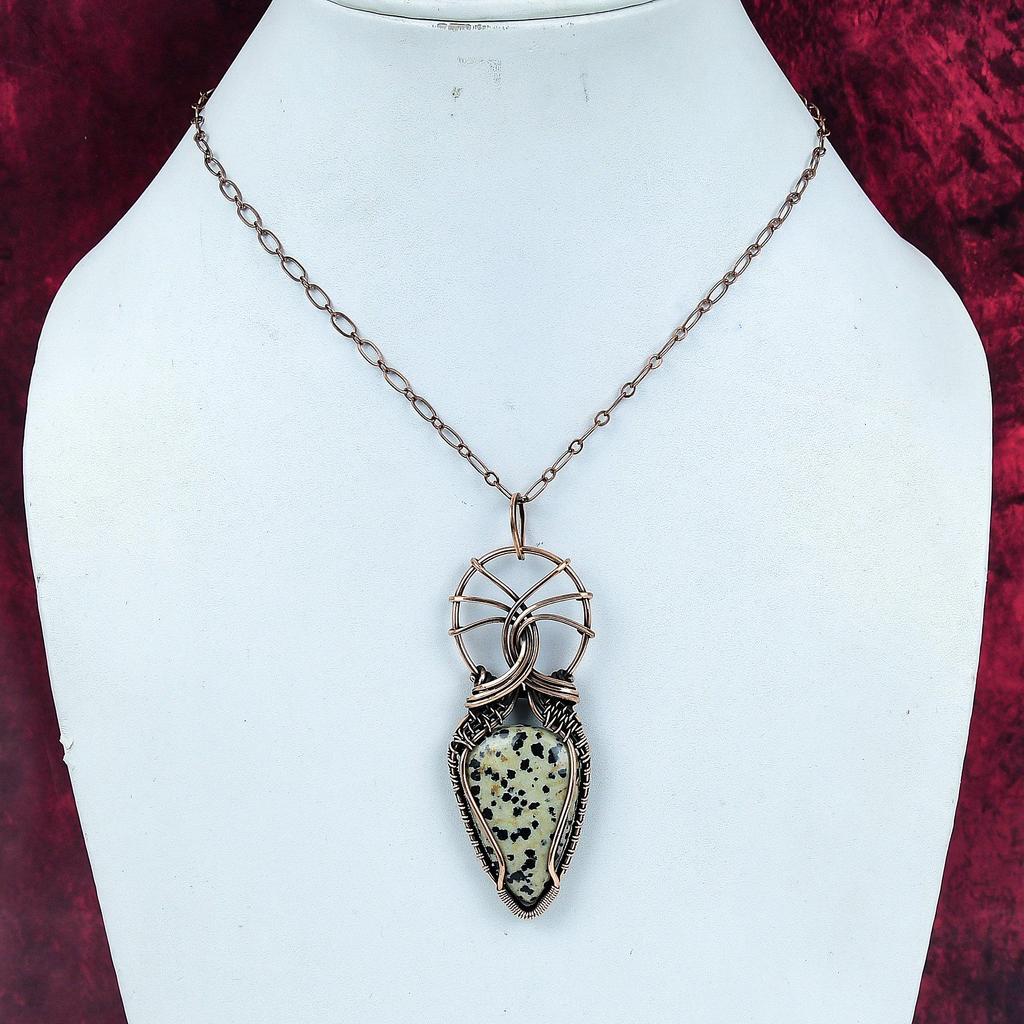 Dalmatian Jasper Gemstone Pendant Copper Wire Wrapped Jewelry Handmade Pendant