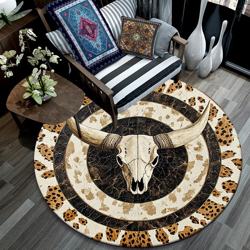 Leopard Print Bull Skull Round Area Rug,Carpet Rug for Living Room Bedroom Sofa Playroom Decor,Non-slip Floor Mat
