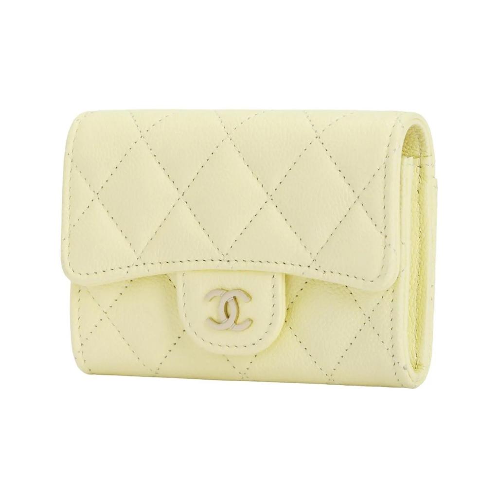 CHANEL 25S classic vertical gold-labeled double C logo quilted diamond pattern shiny grain calfskin with gold metal card holder small size yellow