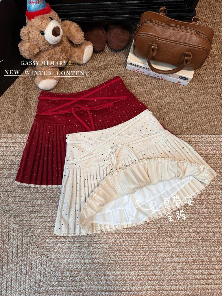 Women's High-Waist Red Polka Dot Bow Tie Lace-Up Skirt Shorts - Winter A-Line Pleated Skirt Style