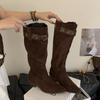 Women Fashion Boots Pointed Toe Square Heel Belt Buckle Long Boots Retro Autumn Fashion Suede Leather Botas Mujer High Quality