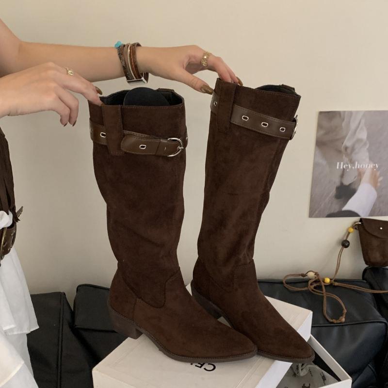 Women Fashion Boots Pointed Toe Square Heel Belt Buckle Long Boots Retro Autumn Fashion Suede Leather Botas Mujer High Quality