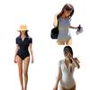 Source Solid Color Knitted Lapel French Muse Premium Short Sleeve Skinny Conservative French One-piece Swimsuit