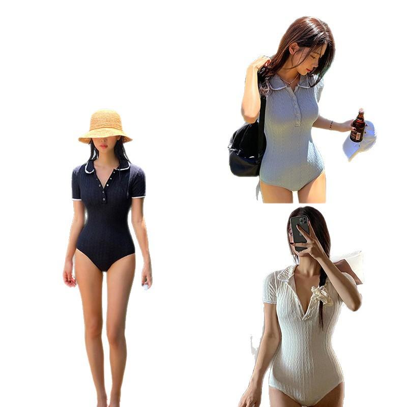 Source Solid Color Knitted Lapel French Muse Premium Short Sleeve Skinny Conservative French One-piece Swimsuit