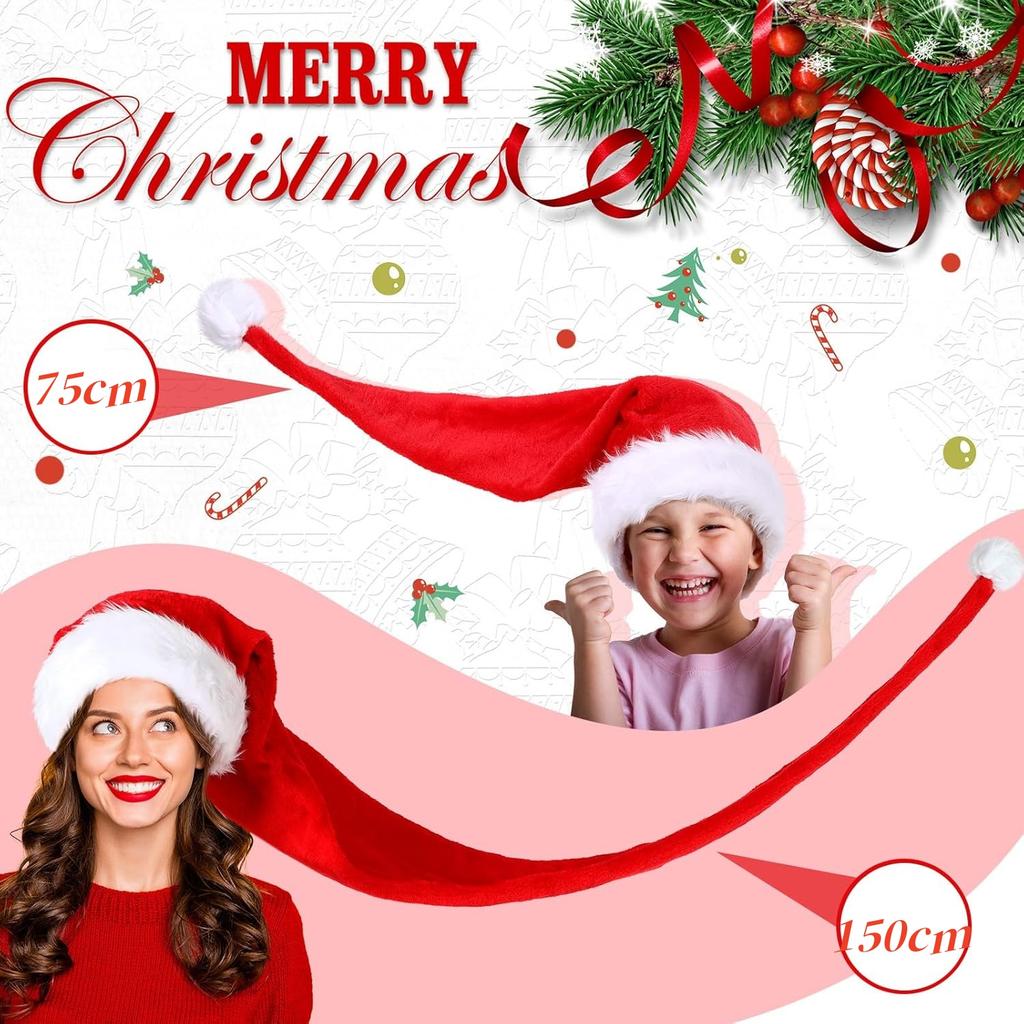 Long Red Christmas Hats for Adults Kids Velvet Santa Claus Xmas Hats Cap Merry Christmas New Year Festival Party Decoration
