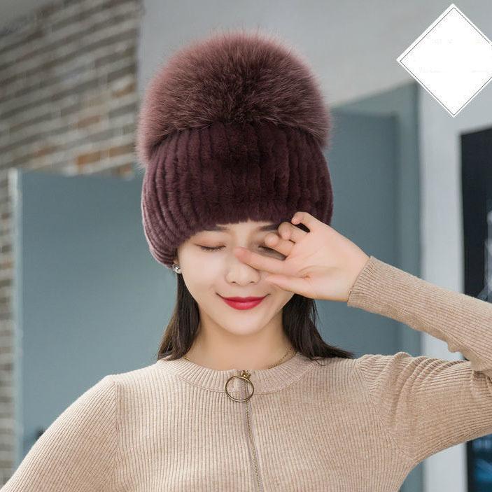 Winter Warm Women Cap Fox Fur and Rex Rebbit Fur Hat Good Elasticity