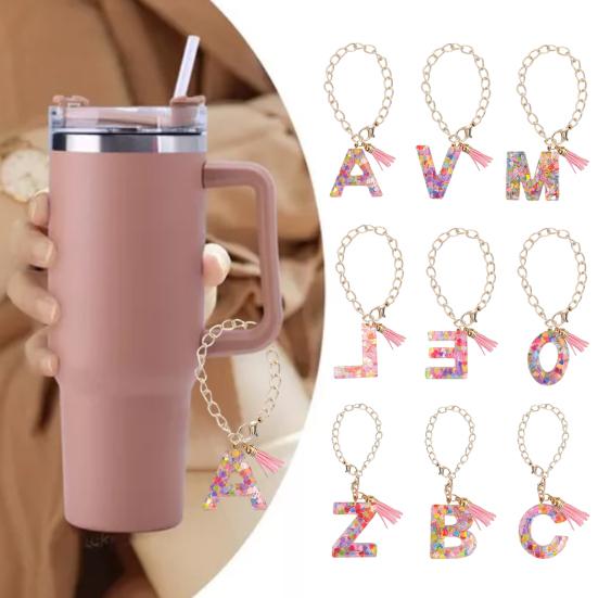 

Yousheng Pink Letter Charm Cup Подвеска с английскими буквами, цепочка с ручкой, брелок с кисточками, сердечко, блестки, инициалы, кулон, кружка, аксессуар