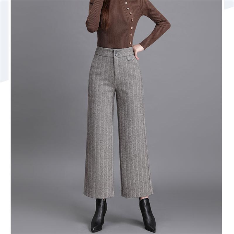 Autumn Winter Korean stytle Thickened WarmWool Wide Leg Pants Womens Fashion Striped High Waist Loose Straight Casual Trousers
