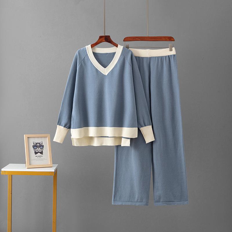 

Женский свитер с V-образным вырезом и брюки широкого кроя, костюм-двойка - Повседневная одежда в европейском и американском стиле. One Size синий