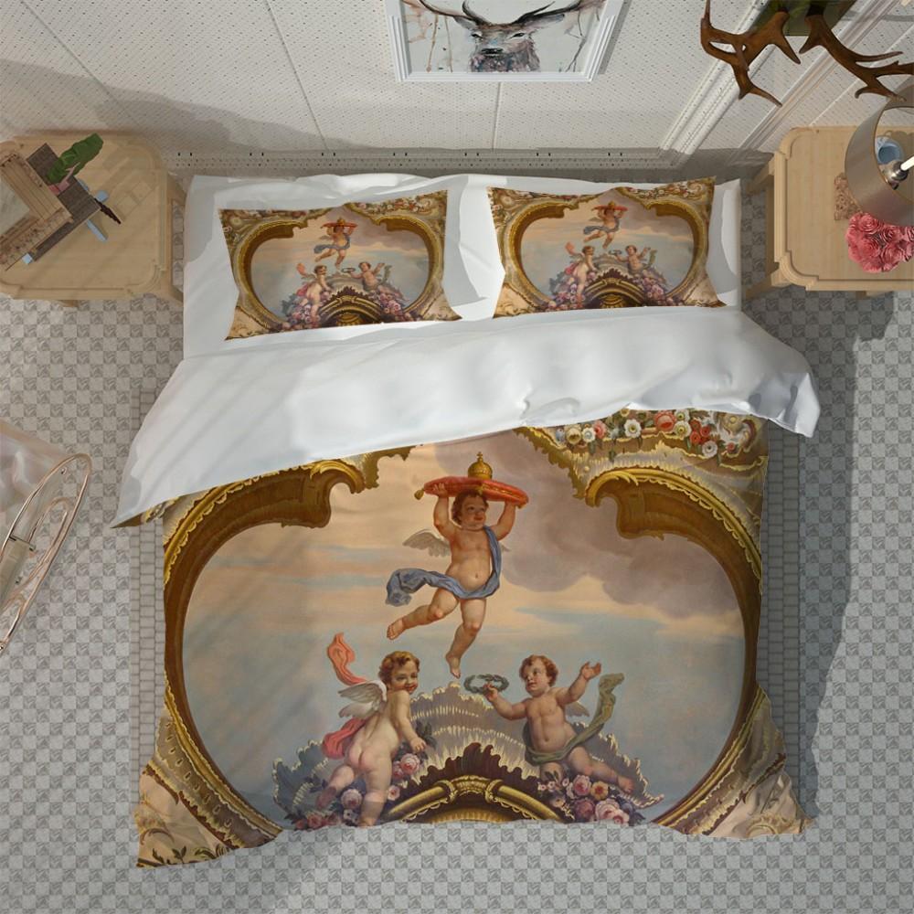 3D Angel Bedding Set Golden Luxury Bedclothes European Pattern Duvet Cover Retro Chain Comforter Cover 3 Piece For Girls Boys