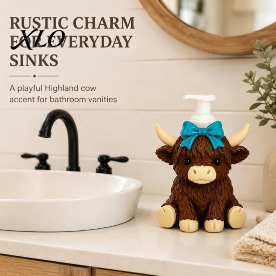 Empty Pump Bottle Highland Cow Soap Dispenser, Pink Bow Cattle Refillable Hand Dispenser Bottle, Plastic for Bathroom, Housewarming Gift Bathroom