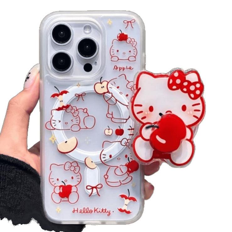 Red Apple Line Kitty Applies To Apple 16promax Matte 15 Magnetic Suction Bracket 14 Cute 13 Mobile Phone Case