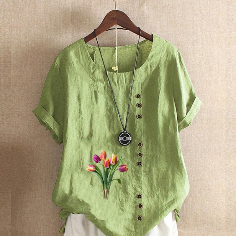 Women's Fashion Tulips Prined Short Sleeve T-shirt Loose Cotton Shirt Casual Loose Summer Blouse Tops Plus Size