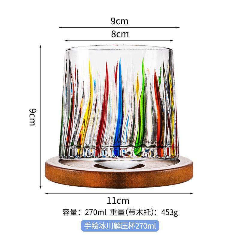 Spinning Colorful Whiskey Glass with Wooden Base Hand Painted Rotating Design for Stress Relief Fun Bar Decor Gift