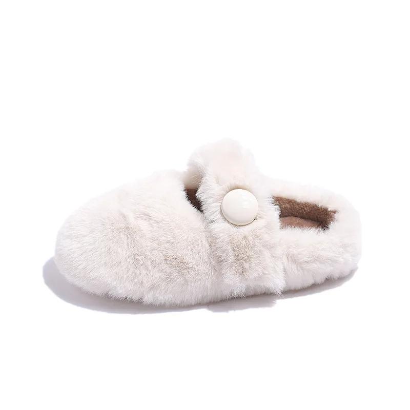Теплые туфли на плоской подошве для девочек уличные детские тапочки с мехом зимняя новая мода 2024 года обувь принцессы для девочек однотонная универсальная 23 белый 6879₽