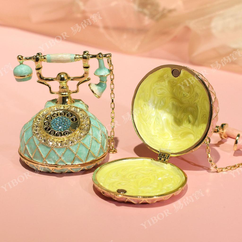 Vintage Telephone Shaped Enamel Box, Cloisonne Jewelry Storage Figurine, Creative Mini Alloy Craft for Home Display