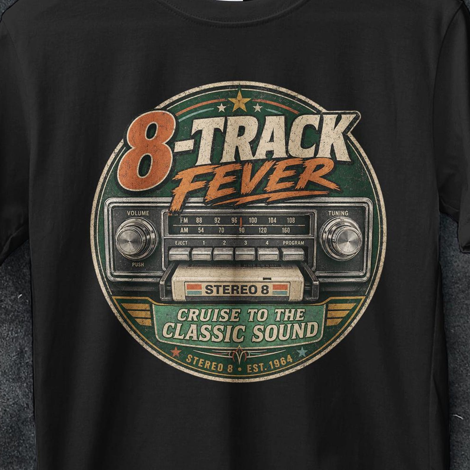 Stereo 8, stereo 8 track player, car stereo 8 track, est 1964, 8 track stereo, vintage music box, vintage music tee, vintage cars, hifi car 2XL