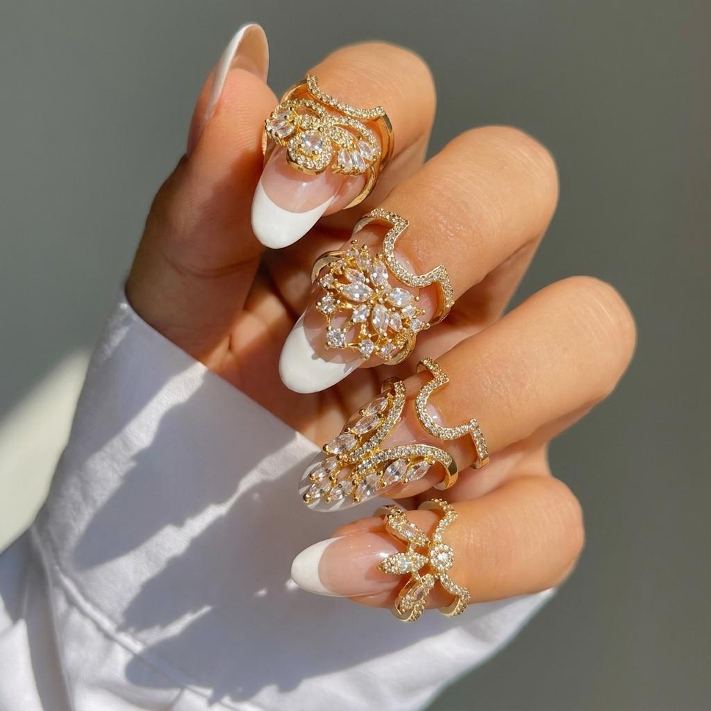 Exquisite Inlaid CZ Zircon Nail Ring for Women Creative Design Shiny Crystal Crown Flower Nail Open Ring Party Versatile Jewelry