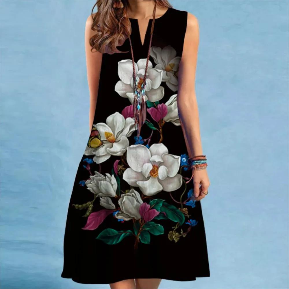 

Elegant Flower Power Print Mini Dress Women Summer V-neck Sleeveless Sexy A-Line Dress Bohemia Beach Sundress New Femme 5XL
