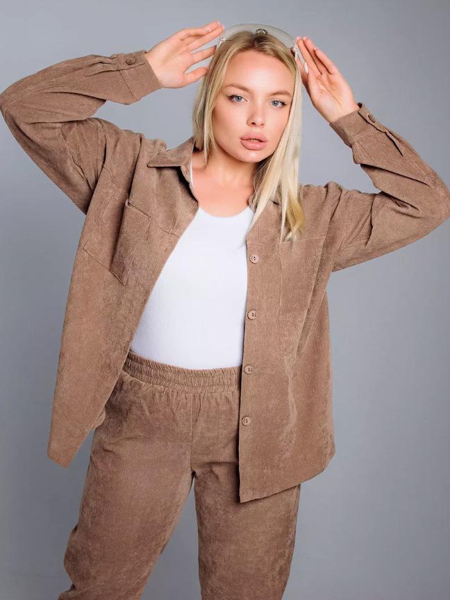 2025 Retro Plus Size Women's Lapel Shirt and Corduroy Pants Set