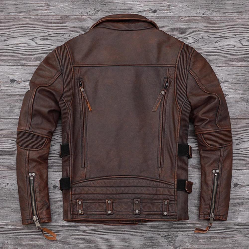 Chinese Size Heavy Motorcycle Jacket Natural Cowhide Leather Top Layer Brown Causal Vintage Retro Moto Suit Leather Coat Winter