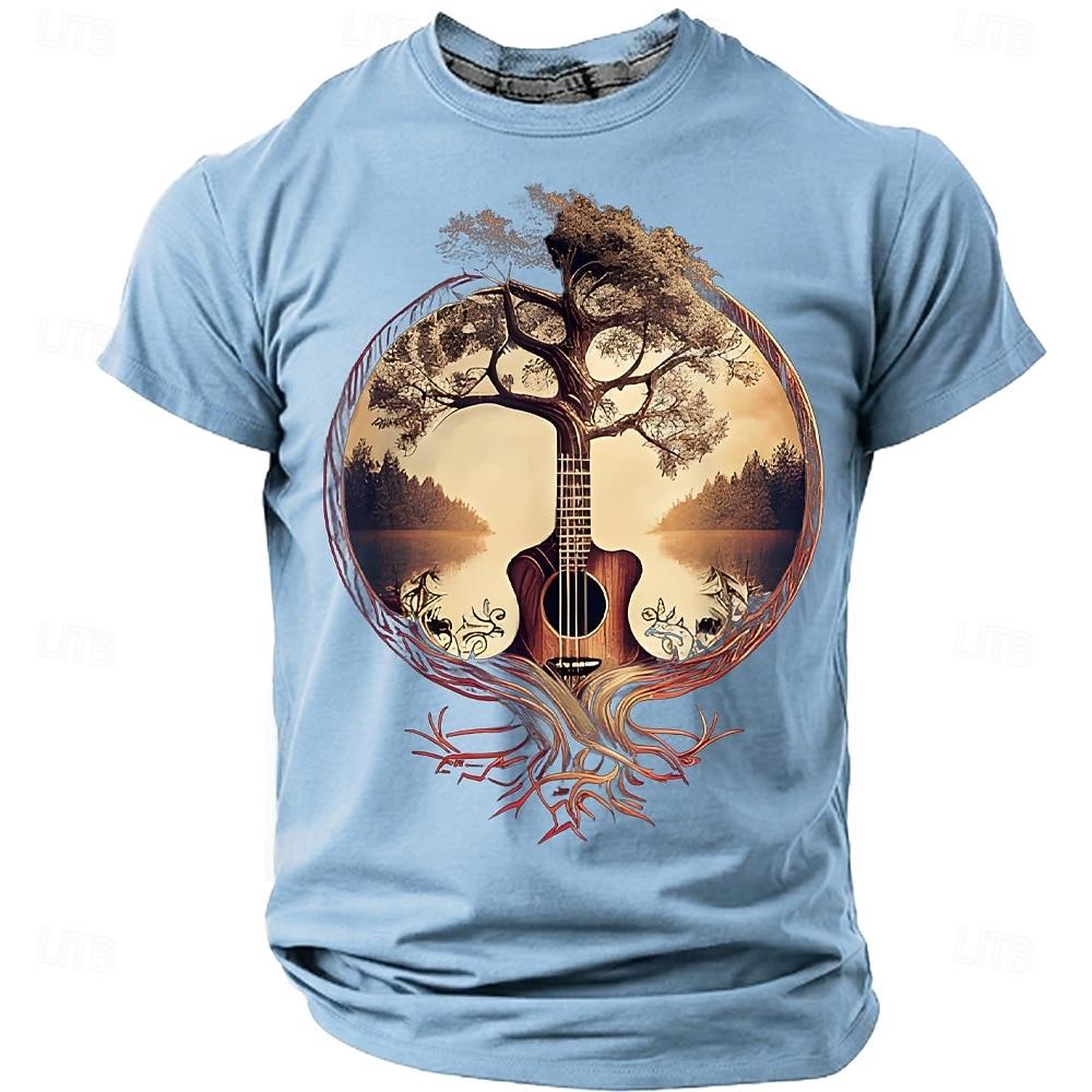 Men's Acoustic Guitar Tree of Life Graphic T-Shirt Nature Roots Surreal Music Art Folk Musician Gift Sunset