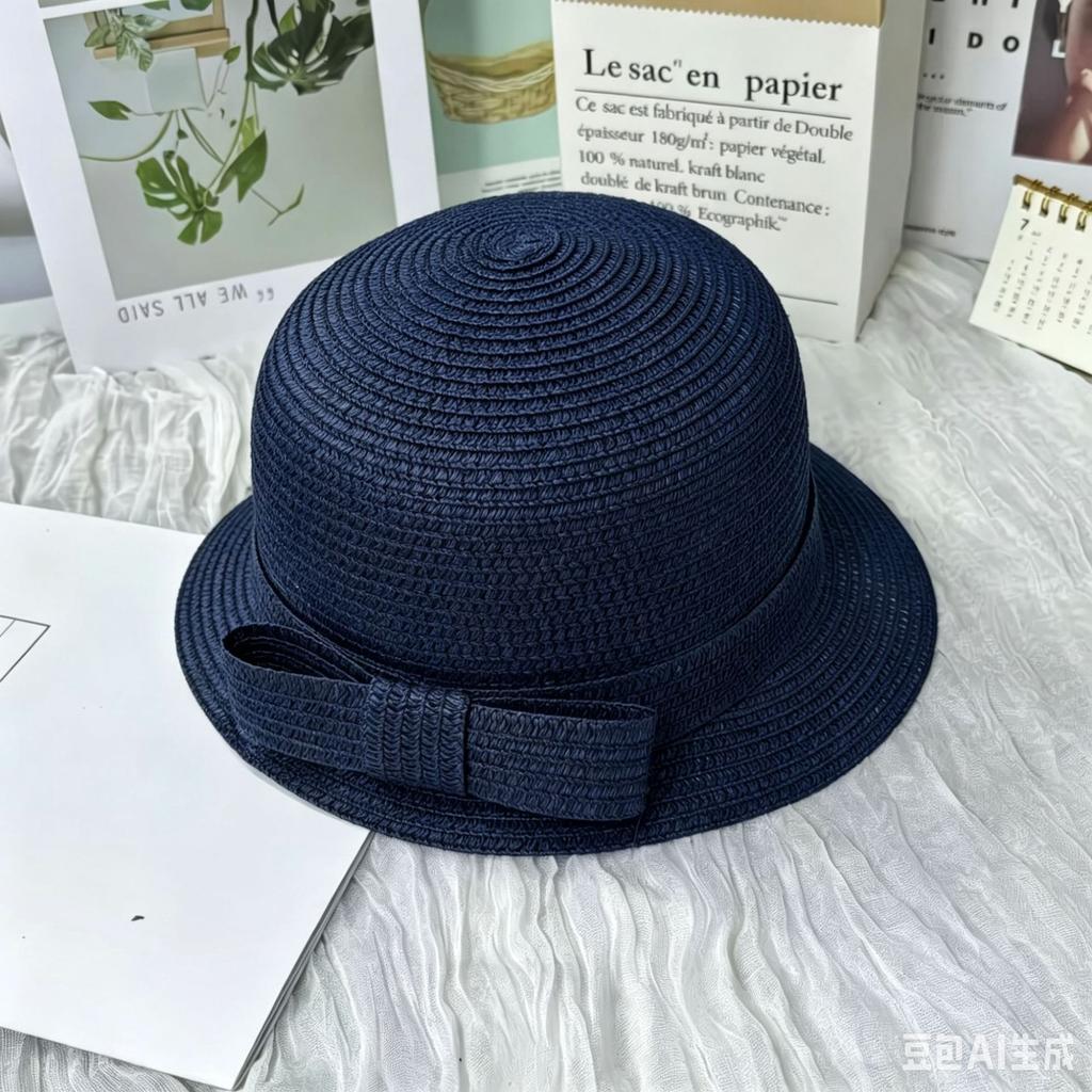 New straw hat French elegant fisherman hat children summer sunscreen celebrity big edge basin hat bow sun hat