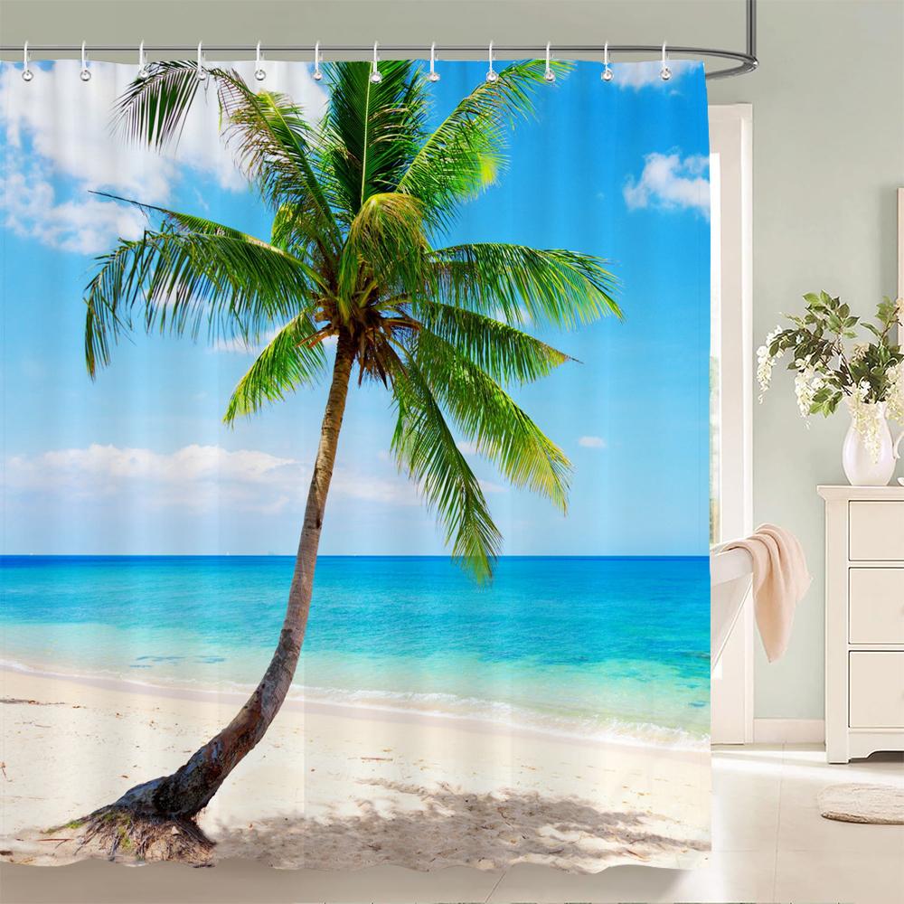 High Quality Sunny Beach Printed Fabric Shower Curtains Sea Scenery Bath Screen Waterproof Products Bathroom Decor with 12 Hooks