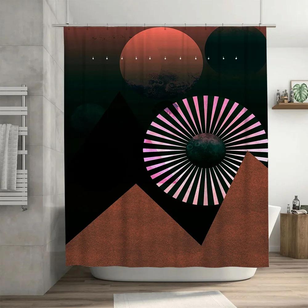 Modern Bathroom Decor Shower Curtain Set with Pink and Green Moon Design for Spa Shower Room Dark Green / Brown / Black Color Sc