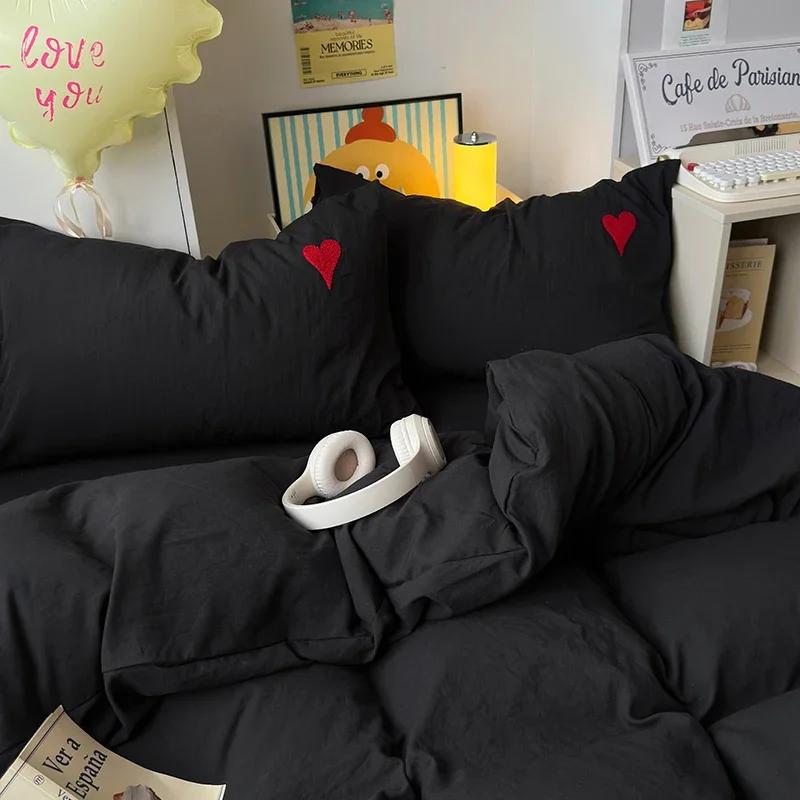 Washed Cotton Bedding Set Super Soft Cool Black Duvet Cover Set Heart-shaped Towel Bedding Skin Friendly Duvet Covers Bed Sheets