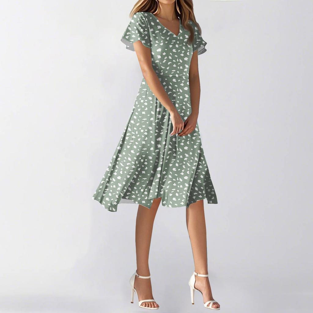 Kvinners Sommer Casual Mote Blomsterprint Kjole V-hals Kortermet Kort Skjørt