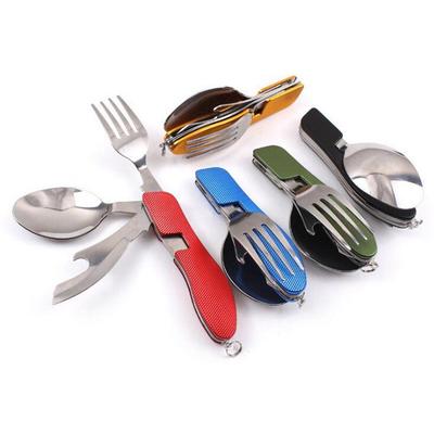 4 in 1 Multifunktions-Outdoor-Camping-Picknick-Geschirr Edelstahl-Besteck Klappgabel Messer Flaschenöffner
