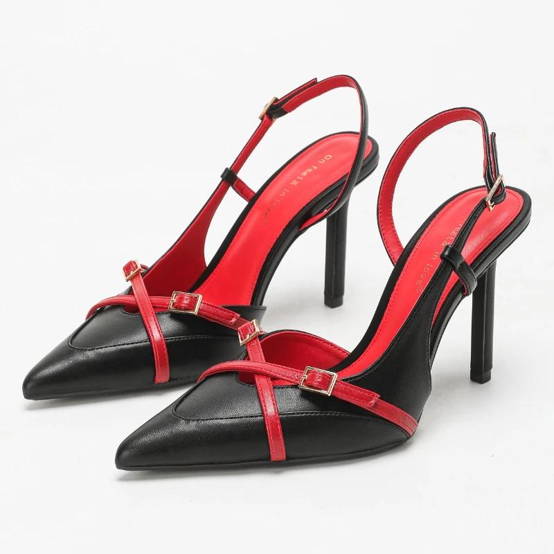 Fashion High Quality Pointed Toe Narrow Band Heeled Sandals Elegant Cross Buckle Shallow Brand Slide Sandals Fashion Banquet Dress Shoes