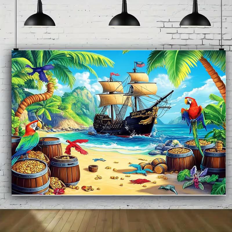 Tropical Pirate Tapestry - Beach Pirate Ship Parrot Treasure Home Decor Background